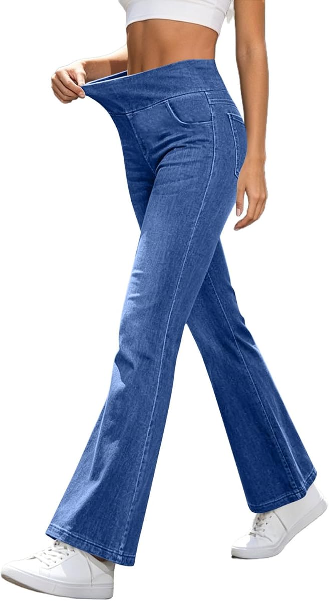 Pantalones vaqueros acampanados de talle alto elásticos con corte de bota para mujer