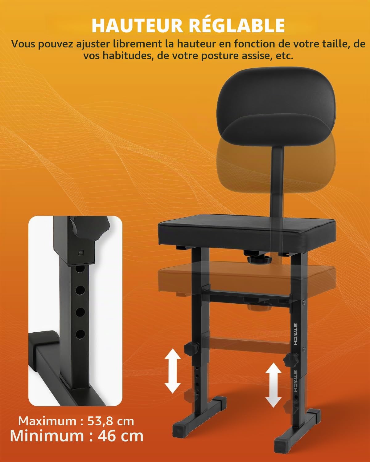 STRICH Banc de piano réglable - Siège de banc avec dossier - Avec coussin rembourré pour musiciens - Noir - SPB-M50S (cuir synthétique)