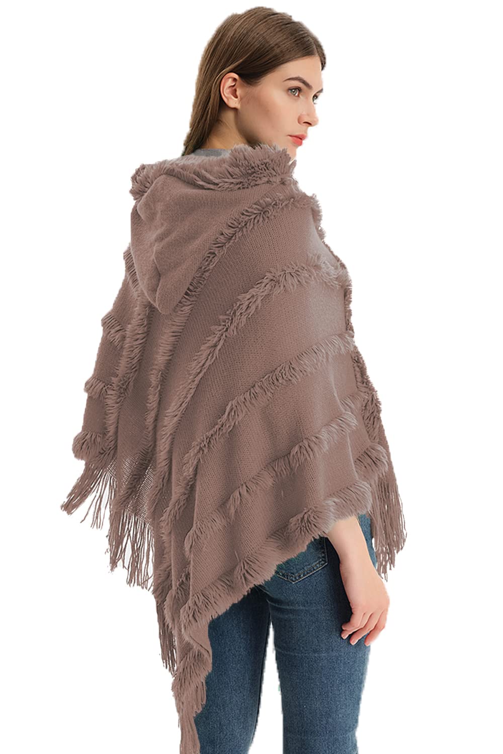 Elegante Maglione Poncho Donna Invernale Poncho con Cappuccio Mantella Scialle Uncinetto con Strisce di Peluche e Franges Scialle della Moda Monocromo Irregular Moda Giovane Top