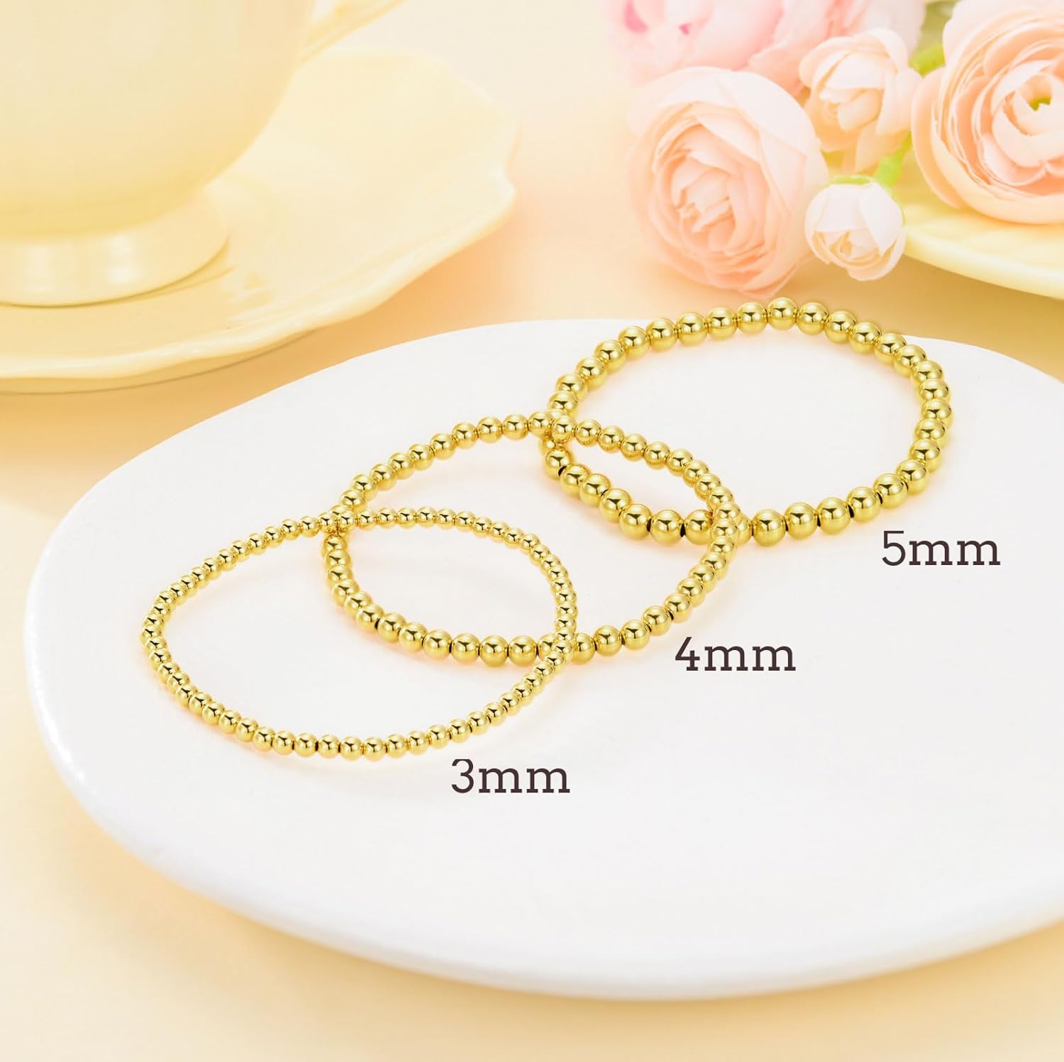 14K Gold 3mm/4mm/5mm/6mm Gold Bead Stretch Bracelet for Women, 14K Gold Bead Ball Stretch Bracelet, Stretchable Gold Ball Bead Stretch Bracelet for Women, 5inch-9inch