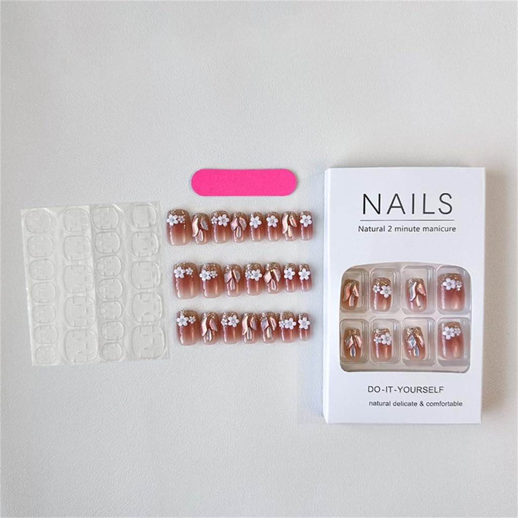 24Pcs Square Glossy Designs French Fake Nails Acrylic False Nails,Artificial Nails Glues on Nails Women