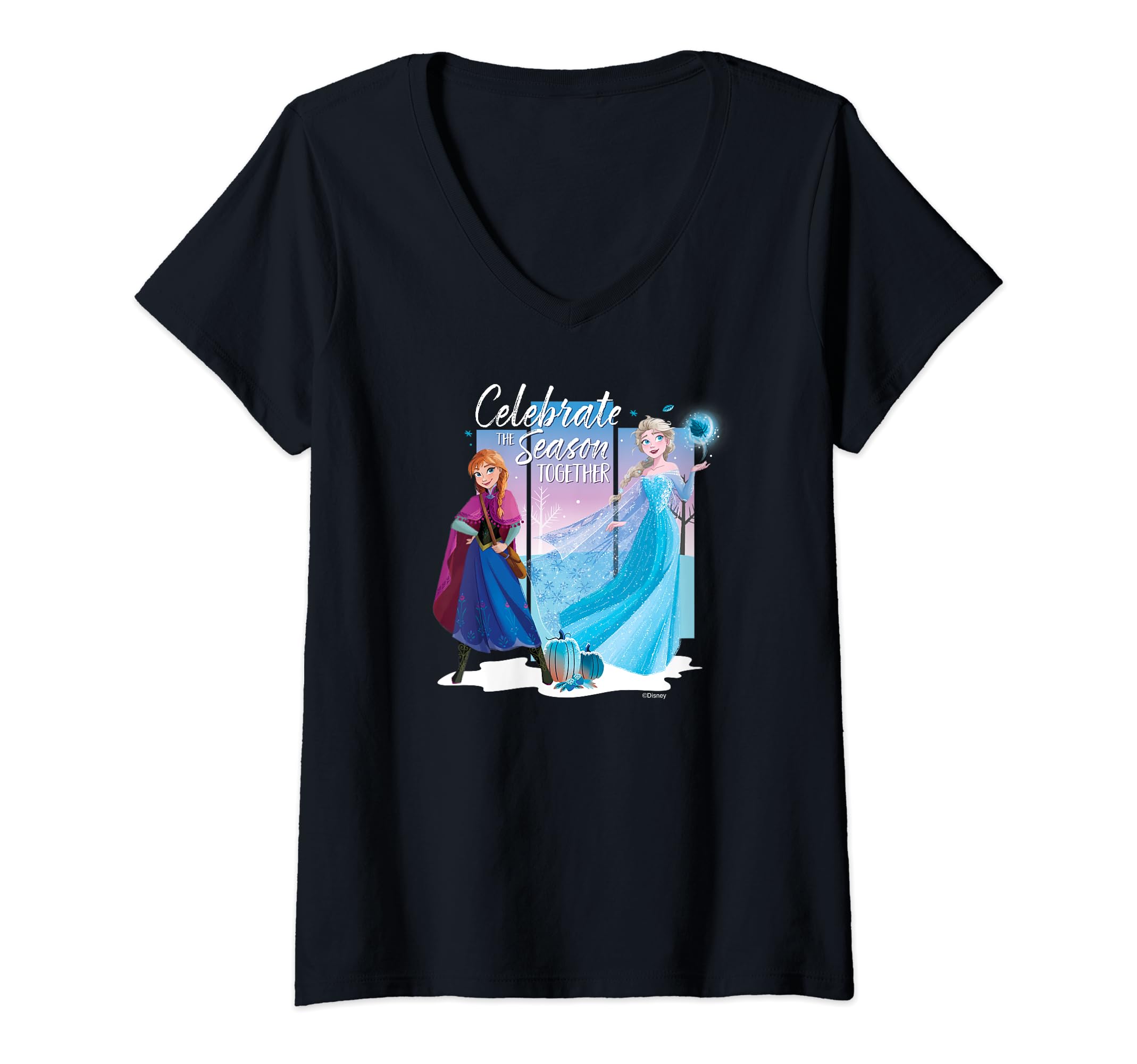 Disney Frozen Elsa & Anna Celebrate the Season Together Fall V-Neck T-Shirt