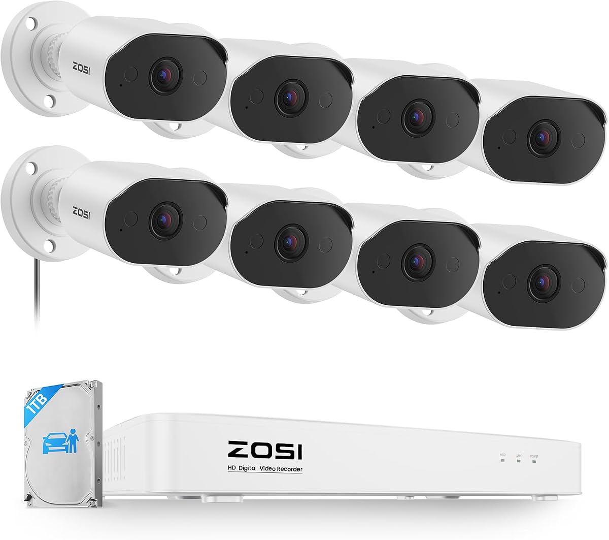 ZOSI Sistema de cámara de seguridad para el hogar de 8 canales con audio, detección de vehículos personales, visión nocturna, 8 cámaras interiores al aire libre 1080P, DVR CCTV de vigilancia H.265+ de 8 canales con disco duro de 1 TB para grabación 24/7