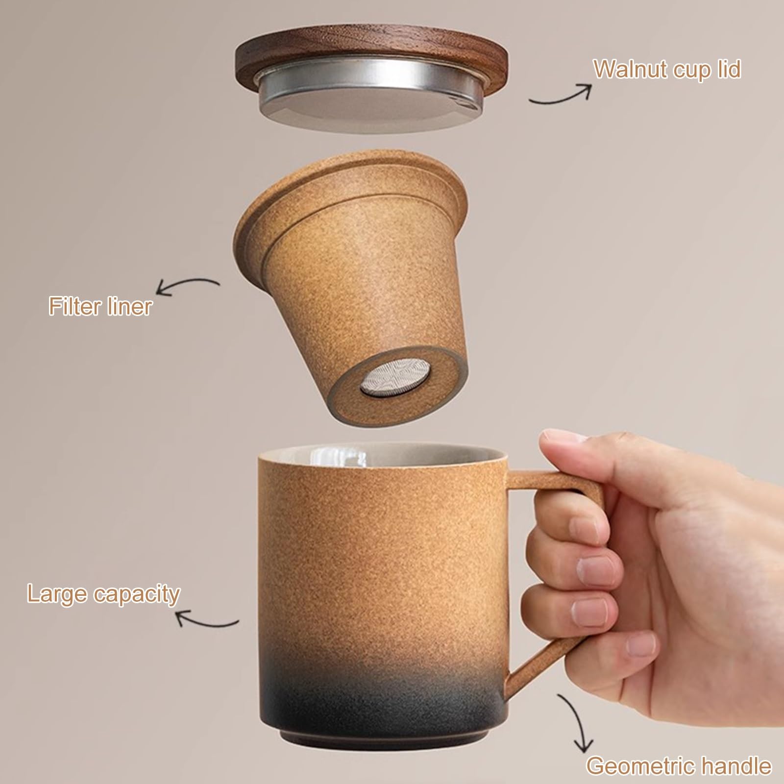 Taza de Café Térmica de 14 Oz con Tapa, Taza Termica Cafe Para Llevar con Asa, Para Bebidas Frías o Calientes, Vaso Para Cafe Para Llevar té de Hojas Sueltas y Colador Para Amantes(Brown)