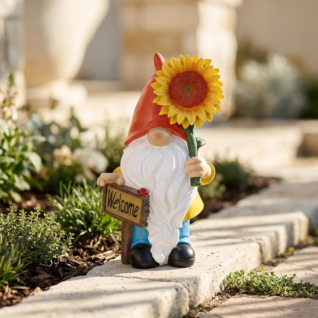 suruim Estatua de gnomo de jardín con luces LED, figura de Tomte Nisse de resina de girasol de 12 pulgadas con letrero de bienvenida, decoración de jardín al aire libre para patio, césped, patio
