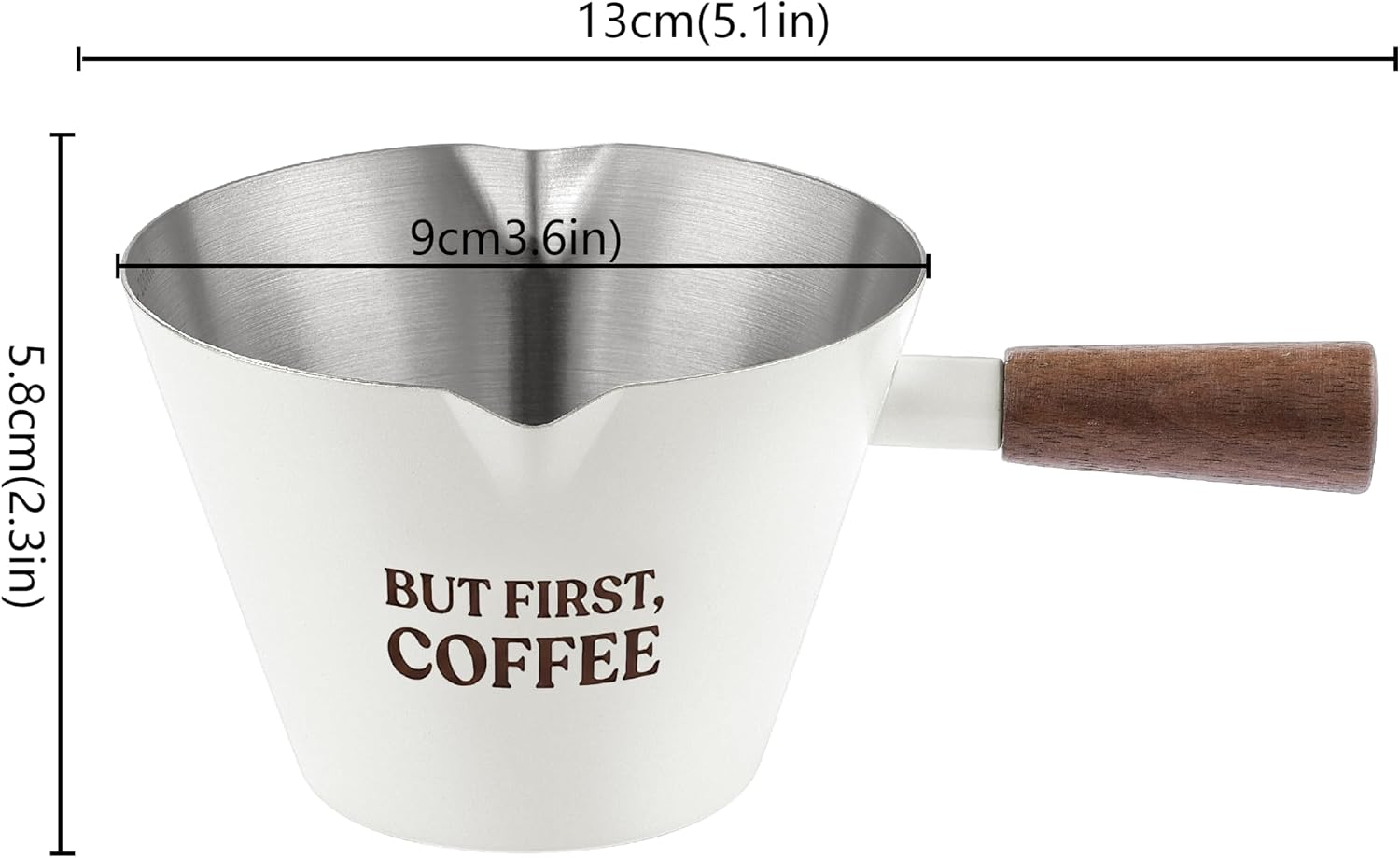 Espresso Measuring Cup with Handle, DV 6.8oz/200ML Stainless Steel Espresso Cups with Walnut Wood Handle & Double Spouts, Cream White Coffee Measuring Cup