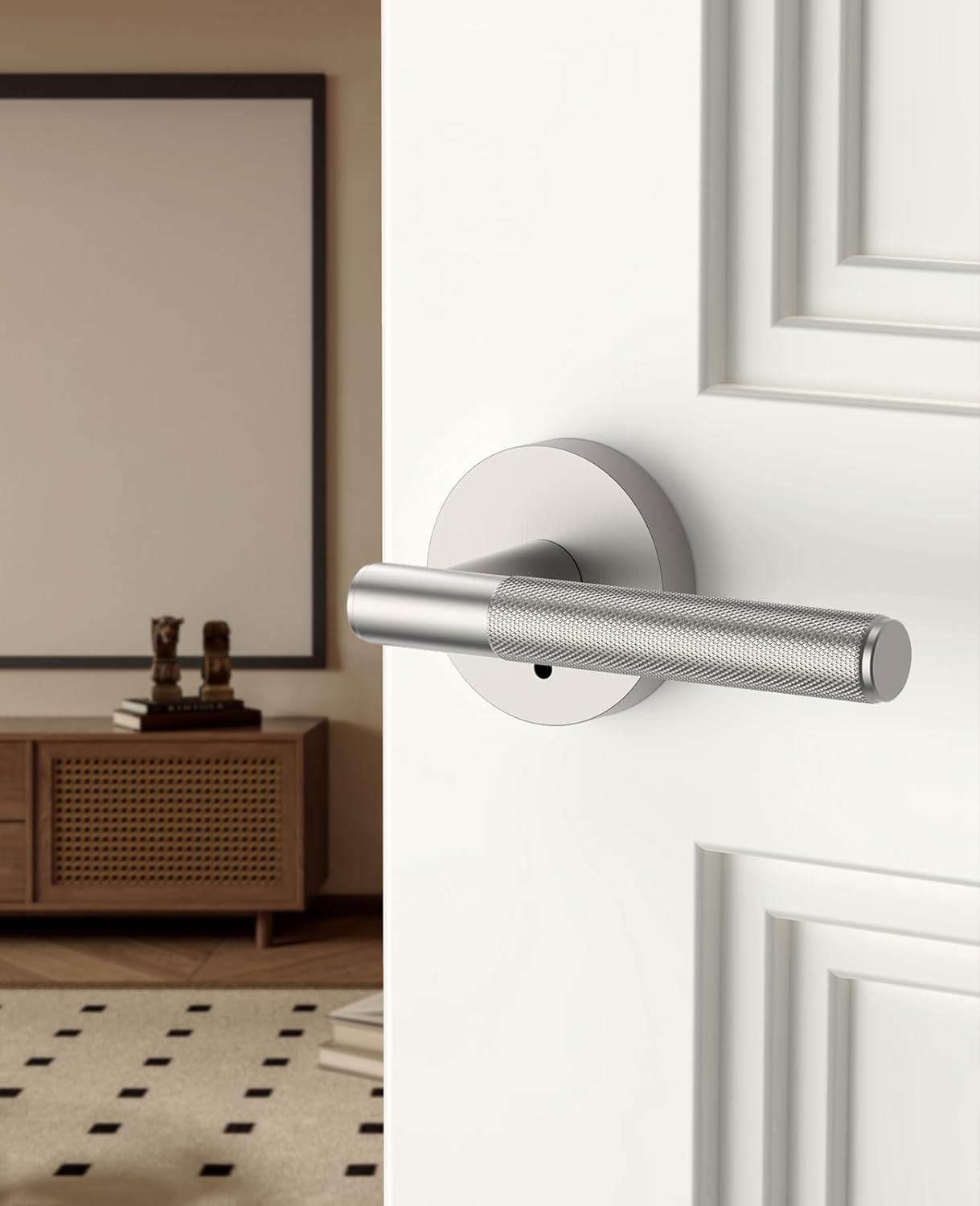 Asidrama 4 Pack Privacy Brushed Satin Nickel Door Handles, Door Lever with Door Knobs Indoor for Bedroom or Bathroom, Heavy Duty Door Handles Interior with Locks for Left Right Sided Doors