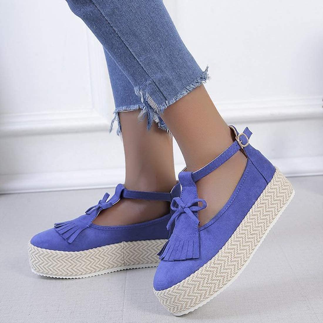 RXZCHH Sandalias para Mujer Plataforma Borla Sandalias de Cuero Punta Cerrada Zapatos con Hebilla Moda con Flecos Cómodo Verano Nuevo Vintage Playa Alpargatas Sandalias