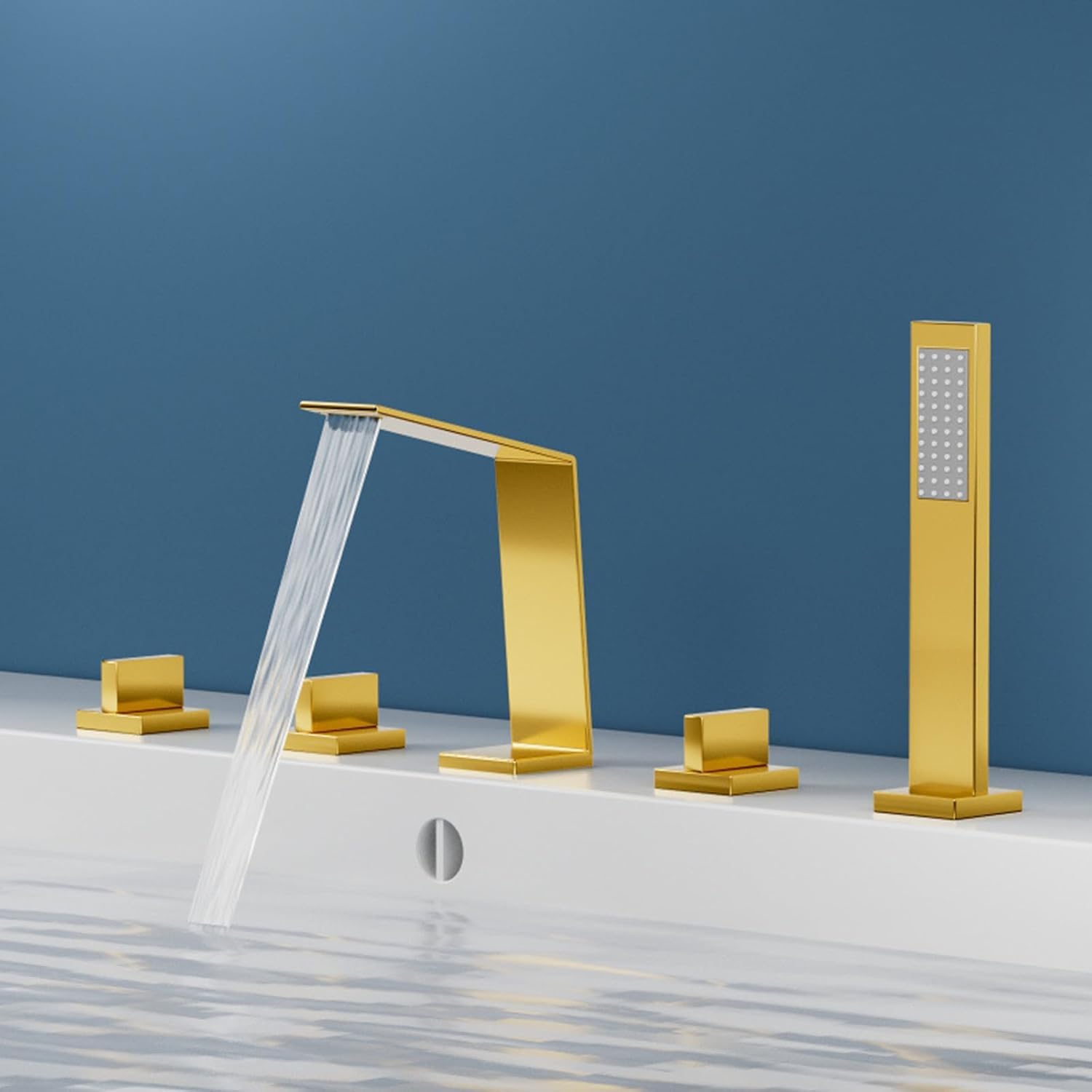 KUNYOS Faucet Bathtub Waterfall 5 Hole Bathtub Rim Faucet with Brass Shower Hot and Cold,Gold