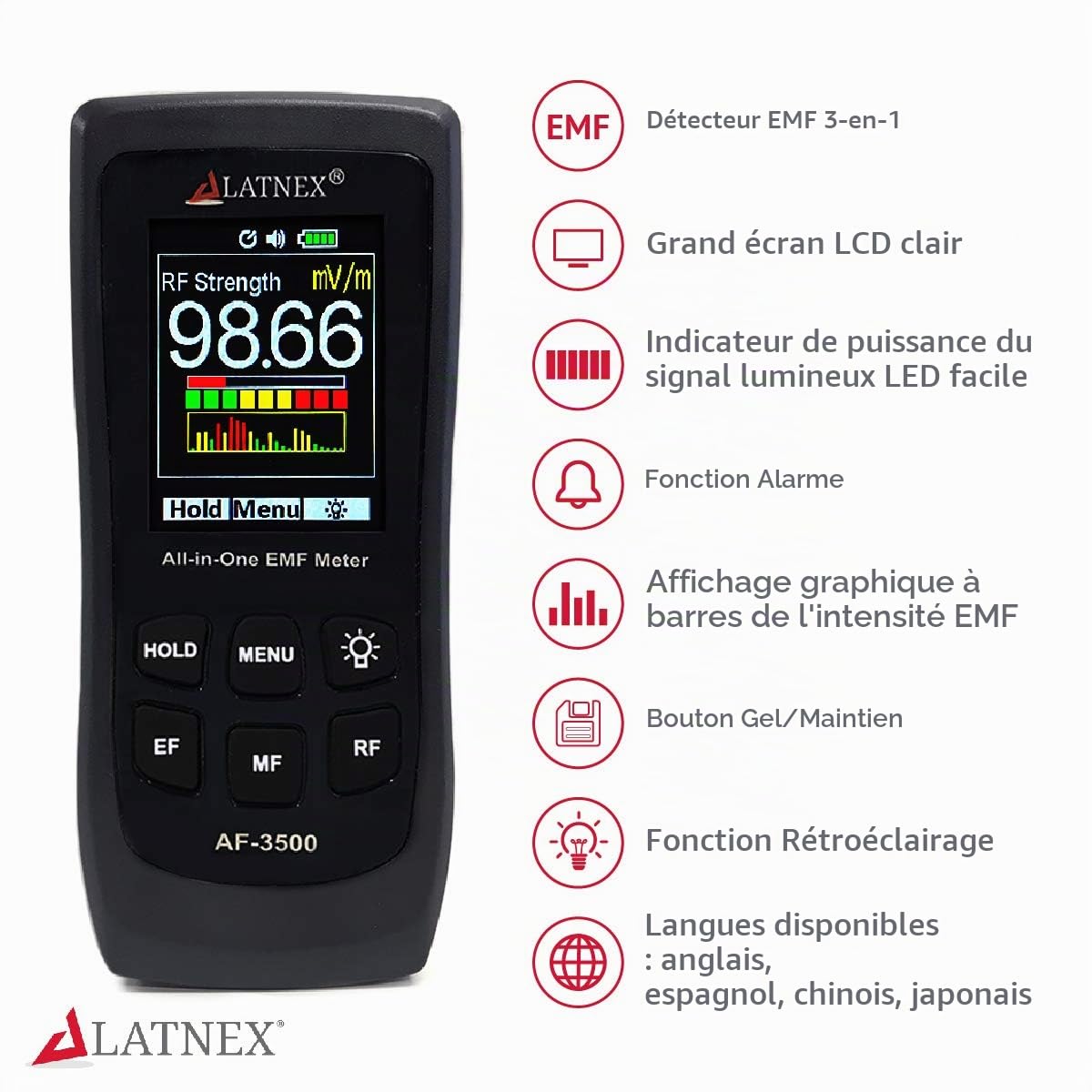 LATNEX AF-3500 - Appareil de mesure des champs électromagnétiques, détecteur et lecteur de fréquences radio avec certificat – Il mesure RF, champs électriques et magnétiques à 3 axes Gauss ou Tesla