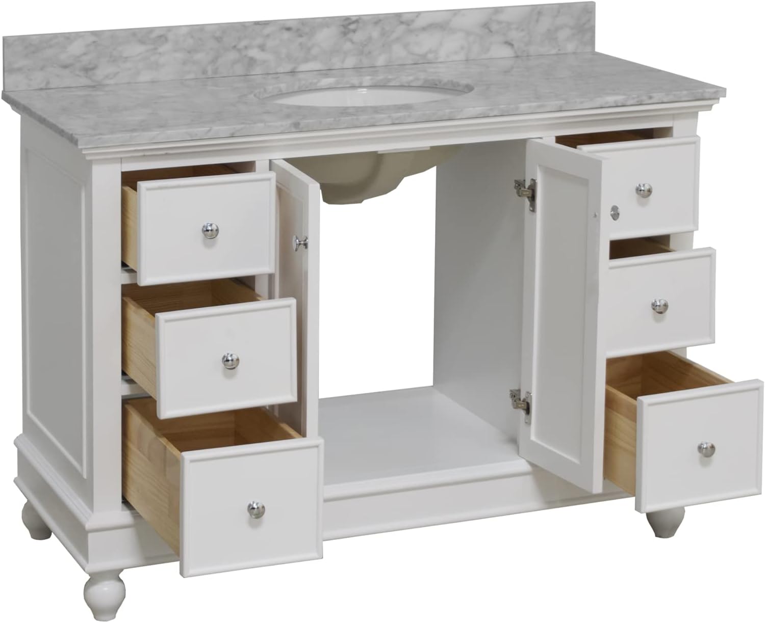 Bella 48-inch Bathroom Vanity: White Cabinet with Carrara Marble Countertop and Ceramic Sink