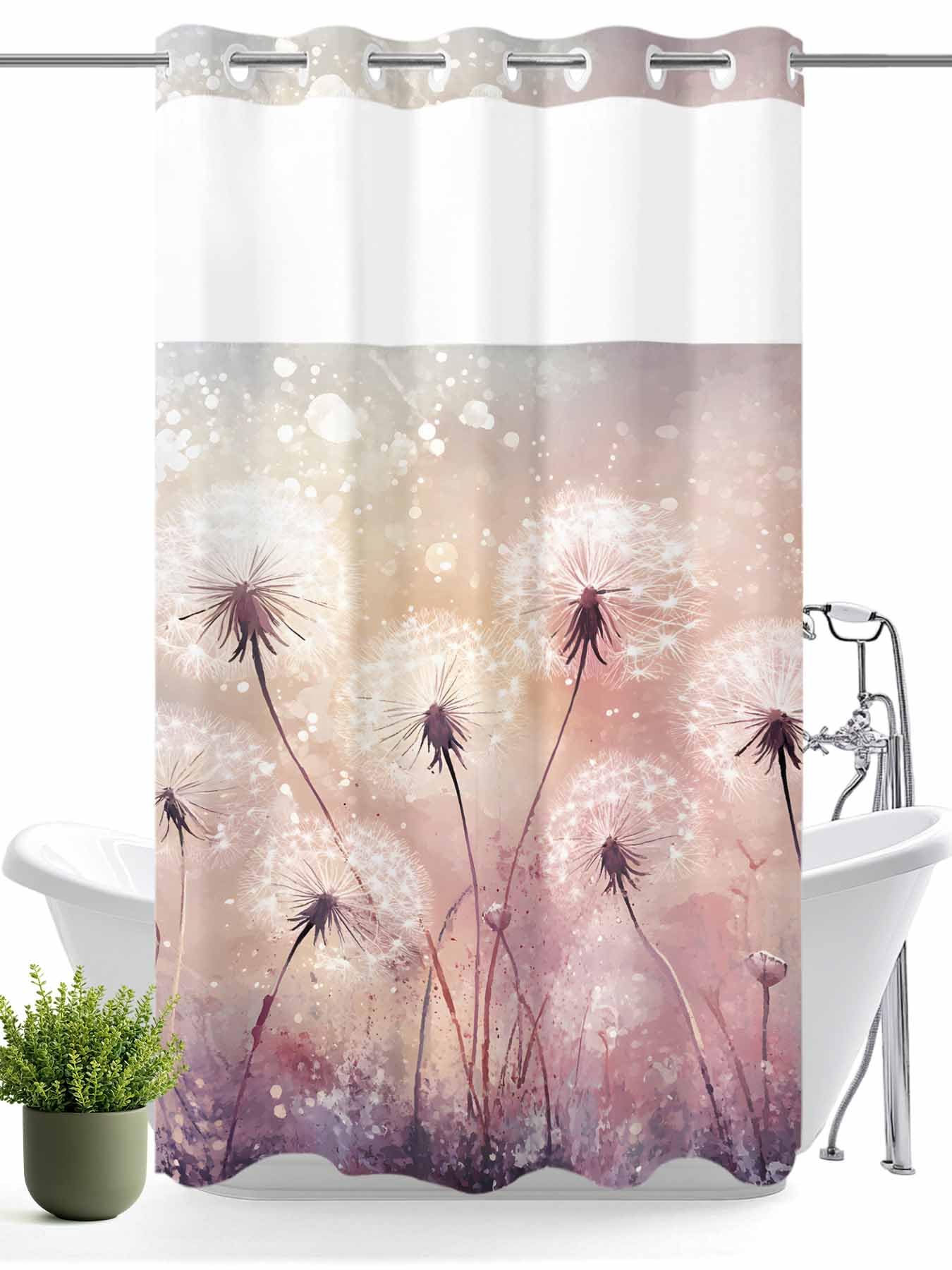 GousSanct Watercolor Field Dandelion No Hook Shower Curtain with Snap in Liner Set,Wildflowers Scenery Artwork Waterproof Fabric Shower Curtains with