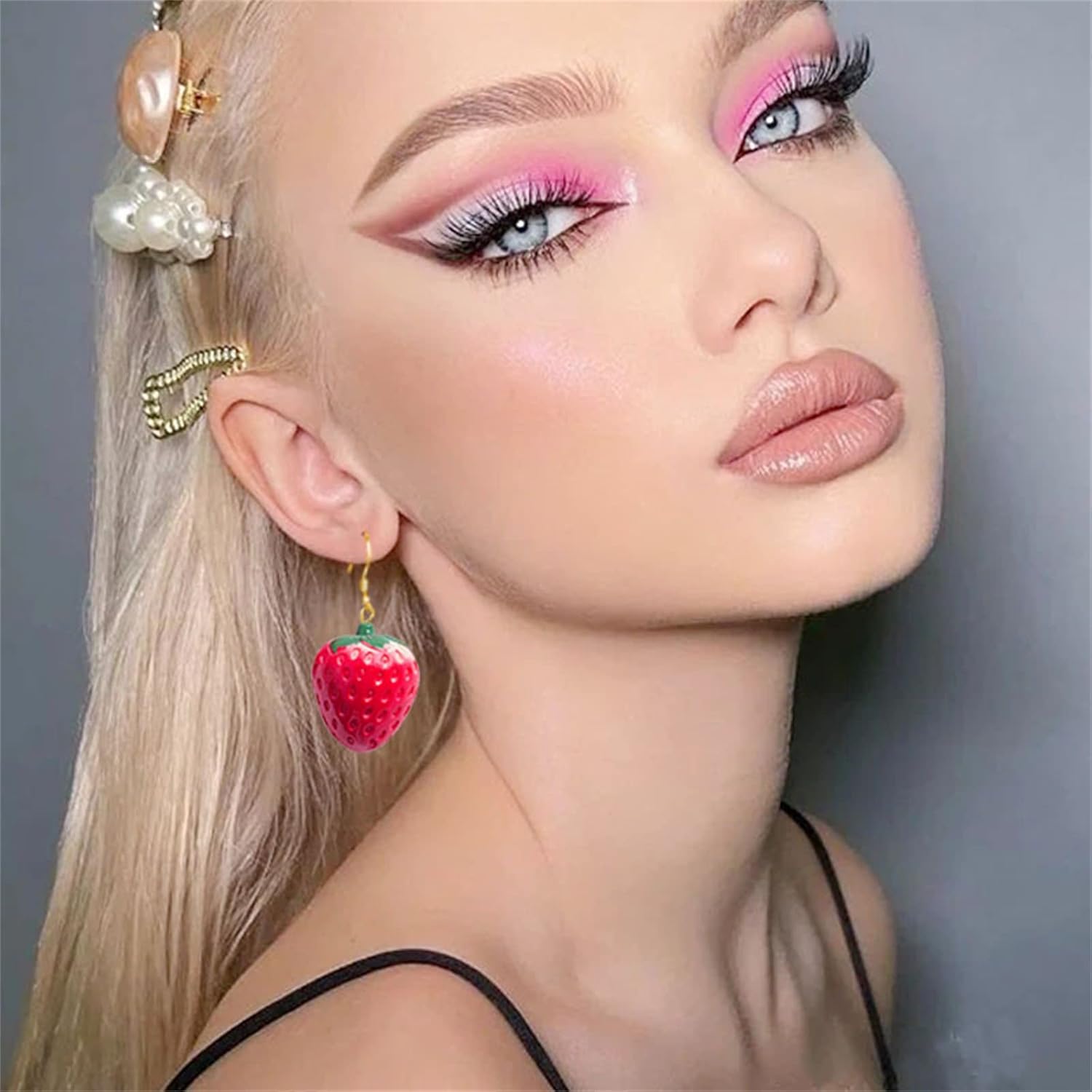 Dreuyet 3D Simulated Fruit Red Strawberry Necklace Earring Set for Women Sweet Fruit Charm Earrings Necklace Cute Food Fruit Strawberry Dangle Earrings - Image 3