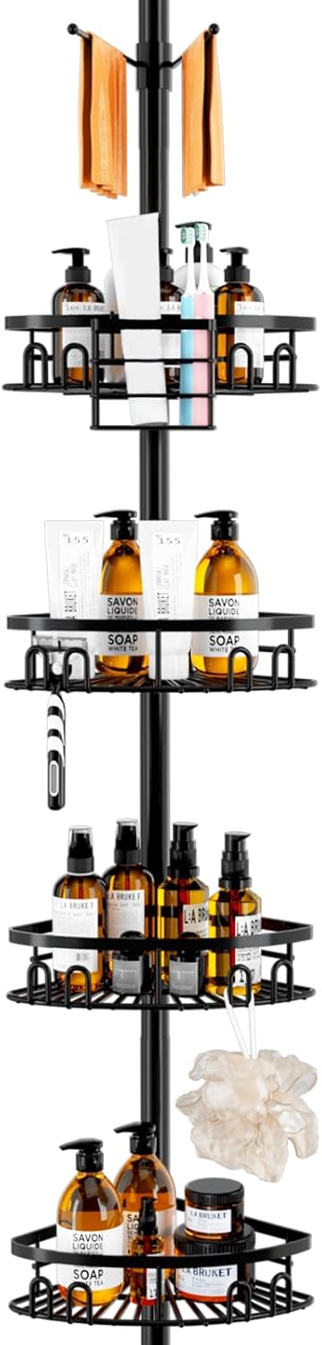 cutefafa Rustproof Corner Shower Caddy Tension Pole, 4 Large Baskets for Bathtub Shampoo Storage Organizer Bathroom Height Adjustable Shelves from 23.6 to 114.5 Inch with Towel Bar