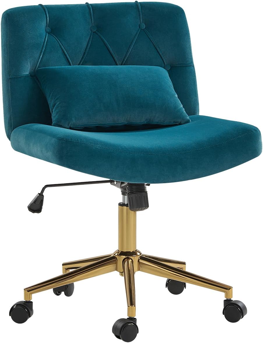 HULALA HOME Criss Cross Chair with Wheels, Criss Cross Legged Wide Seat Desk Chair, Lumbar Pillow, Teal