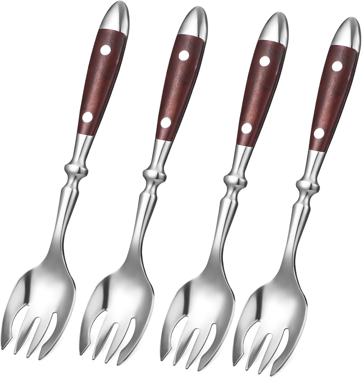 4pcs Stainless Steel Sporks Multi-functional Serving Utensils for Salad Fruit and Desserts Table Forks with Wooden Handles Long Dishwasher Safe