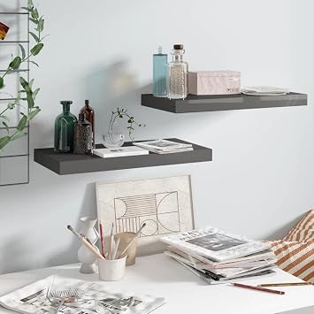 Floating Wall Shelves 2 pcs High Gloss Gray 19.7"x9.1"x1.5" MDF,Wall Mounted Shelf Storage Rack, Floating Shelves with Invisible Brackets for Home Decor, Living Room, Office and Kitchen -AA