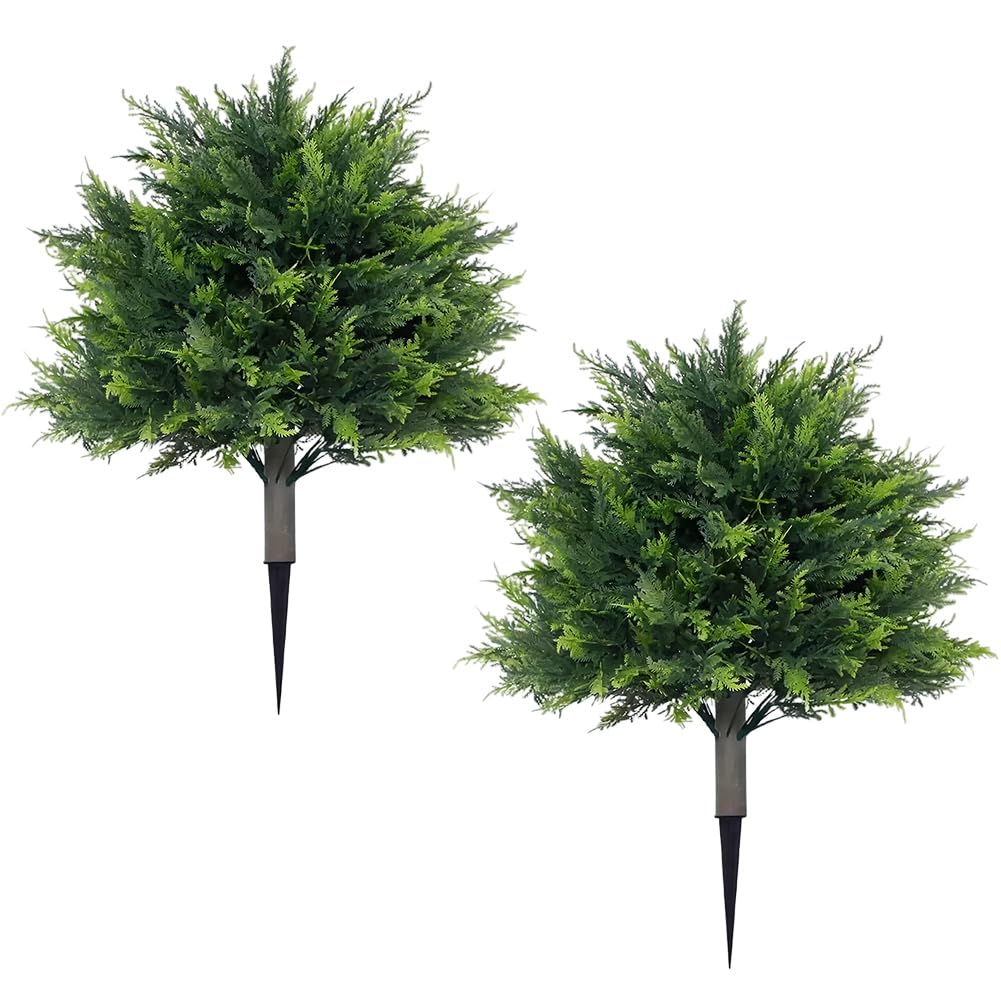 chilsoby 2 Pack Artificial Cypress Topiary Outdoor Plants with Spike, 23.6 Inch Faux Cedar Bushes UV Resistant Fake Shrubs for Indoor Outdoor Front Porch Garden
