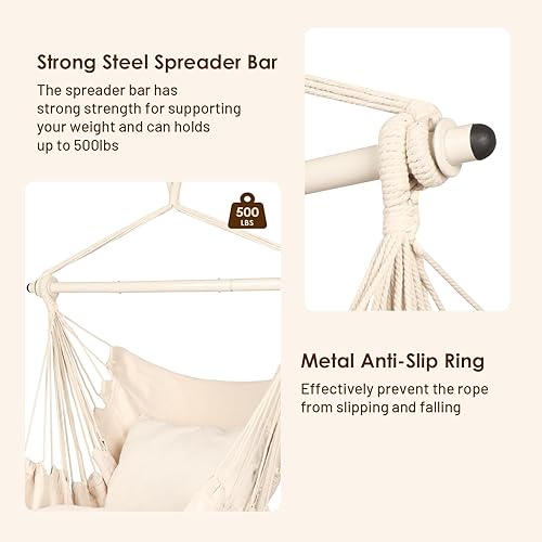 Vista 30 de Highwild Silla colgante de cuerda para cualquier espacio interior o exterior, capacidad de peso de 500 libras (beige)