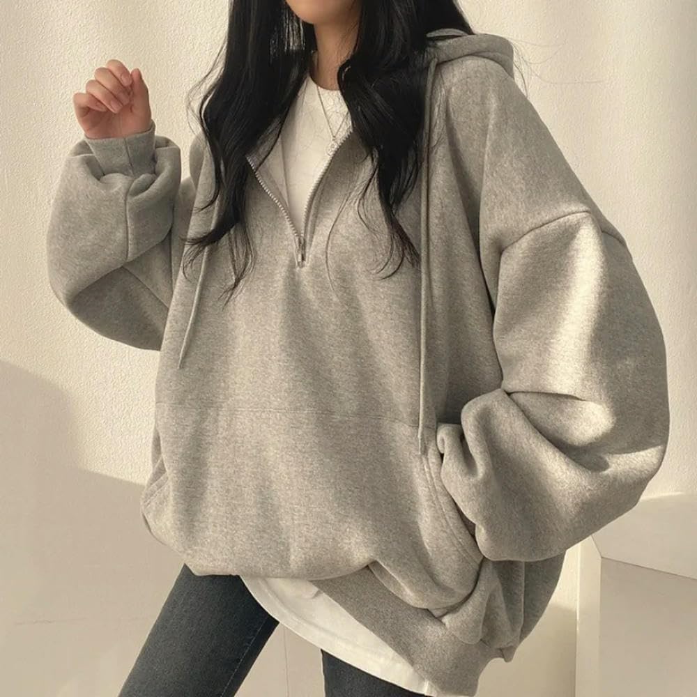 ZBDZSW Damska swobodna bluza z długim rękawem i kieszeniami, gruba bluza z kapturem Harajuku, luźna, oversize, jesień, góra, półzamek, damska bluza