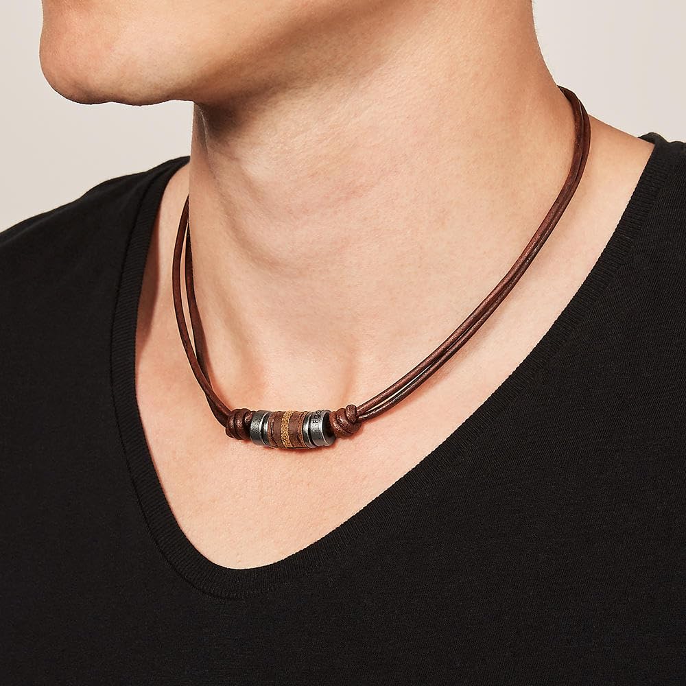 Fossil Collier Pour Hommes Vintage Casual, Collier En Cuir Marron, JF00899797