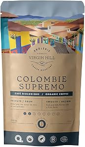 Virgin Hill Coffee - Organic Colombian Supremo Brown - Smooth Intensity & Mild Roast - Three Quarters of a Pound of High-Grade Arabica Coffee Beans - 12oz / 340 grams