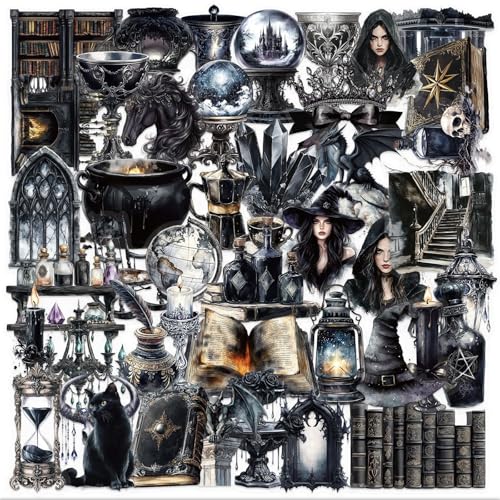 Radiella 100 Stück Schwarze Magie Hexe Aufkleber Vintage Gothic Sticker Dark Romance Aufkleber Deko Aesthetic PET Wasserfeste Graffiti Decals für Kindle Laptop Scrapbook Journal