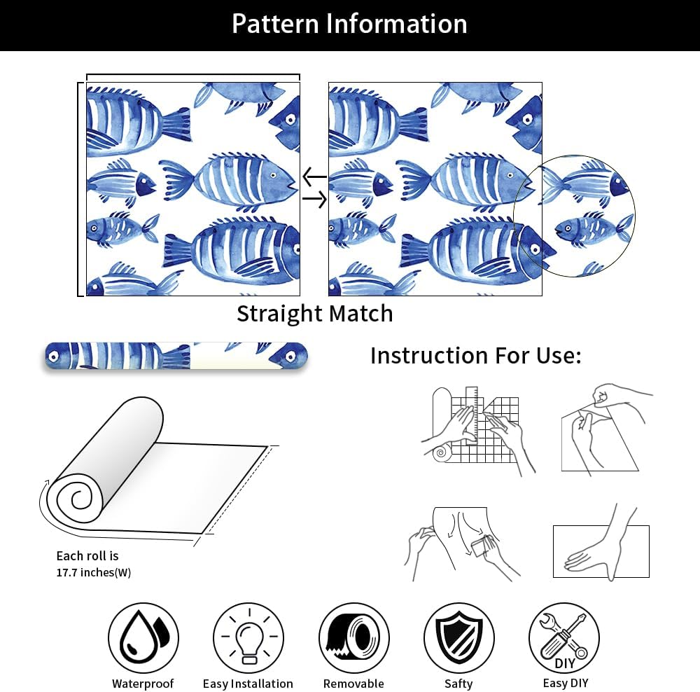 18"x236" Watercolor Blue White Fish Cartoon Peel and Stick Wallpaper Easy Peel Off Contact Paper Vintage Vinyl Self Adhesive Removable Stick on Wall Paper for Kitchen Cabinet Renter Friendly