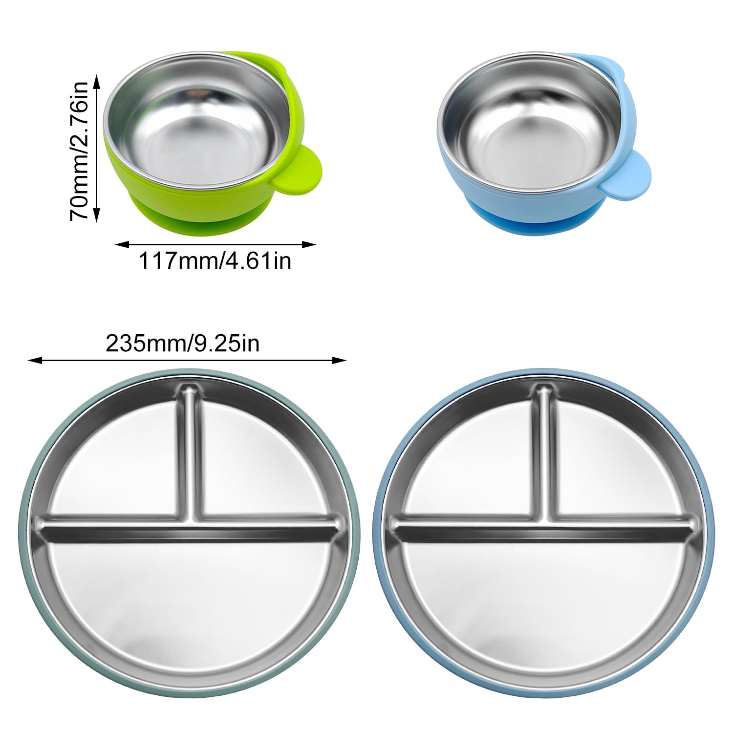 4 Pièces, Assiette Bebe Ventouse et Bols pour Bébé, en Acier Inoxydable et Silicone, Résistants aux Chutes, Lavables au Lave-Vaisselle, Adaptés aux Bébés et aux Enfants (Bleu et Vert)