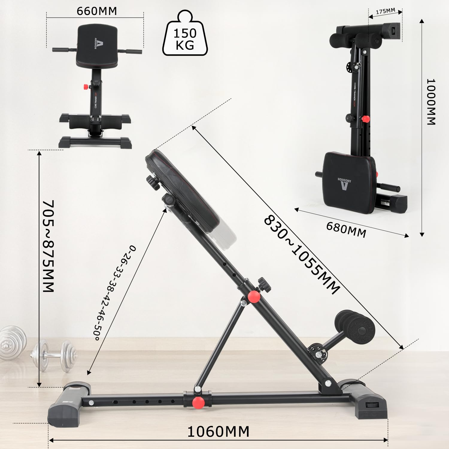 Sedia Romana Multifunzionale con Schienale Regolabile, Panca Pesi Reclinabile, con Rullo, Panca Romana per Estensioni della Schiena, Allenamento della Forza, Glutei e Addominali, Carico 150KG