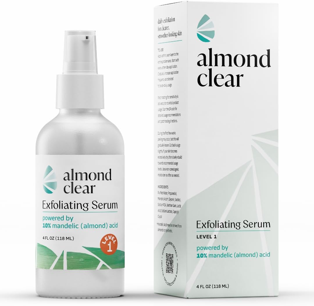 Almond Clear Level 1 Serum | Mandelic Acid Facial Serum for Acne, Folliculitis, Aging Skin, Ingrown Hairs, Dark Spots on Face, Chest, Butt, Back, Thighs, Arms | 4oz