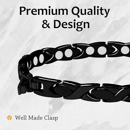 Miniatura 4 de Feraco Pulsera Magnética para Mujeres de Acero de Titanio Pulsera de Terapia Magnética con Imanes de Neodimio, Eslabones Únicos en Forma de X (Negro)