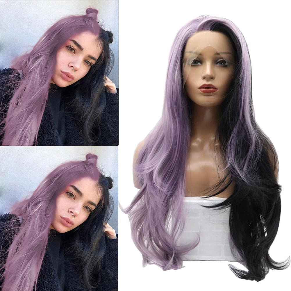 Lace Front Wigs Pink (Purple) and Blue 2 Colors Silky Long Straight Hair Christmas Festival Synthetic Wig for Women, Pre Plucked 24" Lace Wig with Natural Hairline and Baby Hair