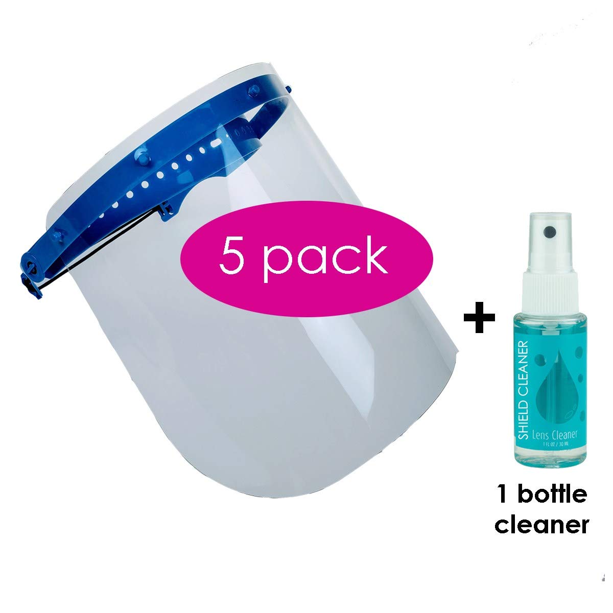 proSPORT 5 Pack Dark Blue Flip Up Clear Face Shield Protects Against Spray Liquids Adjustable One Size with Lens Cleaner Bottle,Periwinkle