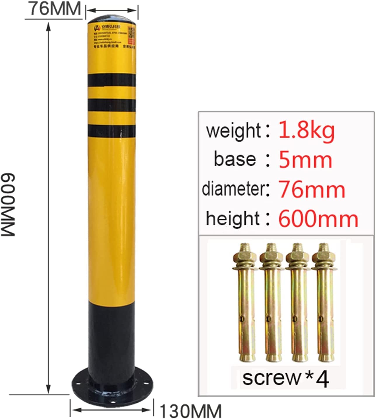 Safety Bollard Traffic Delineator Post, Security Posts for Driveways Parking Bollard Parking Barrier Parking Space with Reflective Tape Easy Installation(76x600mm)