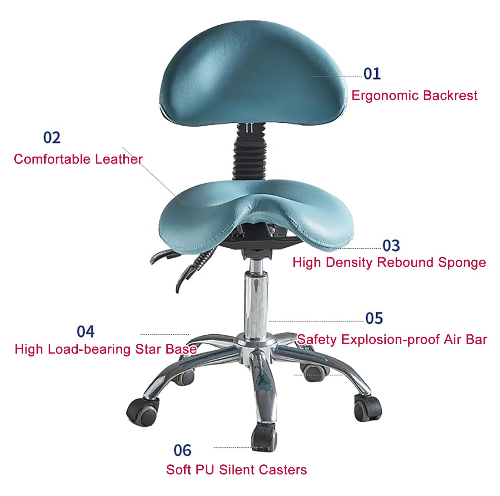 Ergonomiczne krzesło siodełko do higieny jamy ustnej z podparciem oparcia, niebieski, regulowany stołek, wysokość 63, 61 cm, obrotowe o 360°, wygodne siedzisko dla dentystów