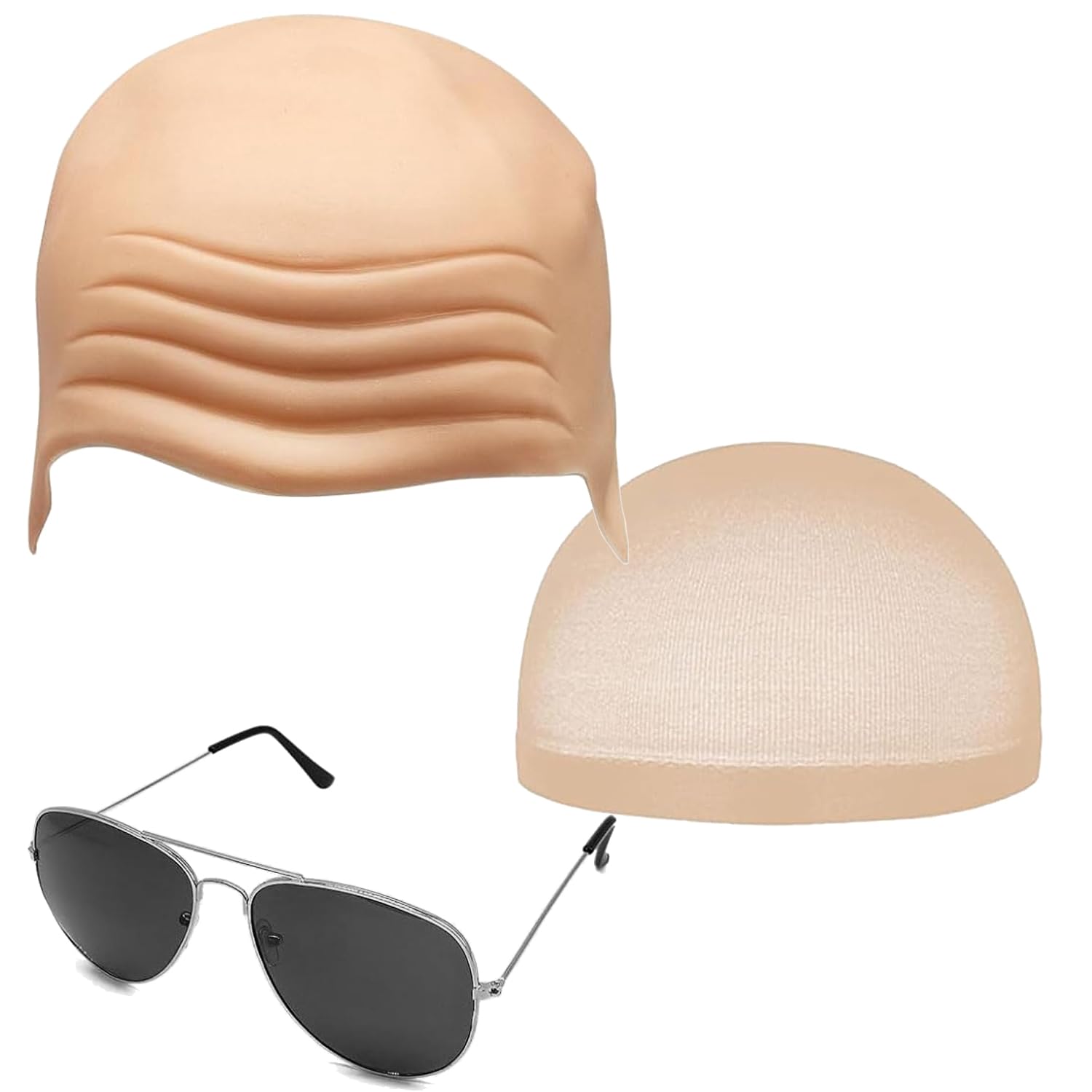 Kaquxibix Latex Bald Cap Set for Halloween and Cosplay - Includes Skin-Tone Bald Cap, Hairnet, and Sunglasses for Realistic Costume Transformations