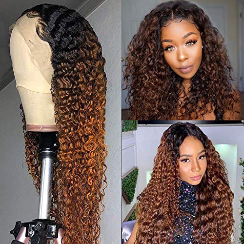 Ombre Brown Curly Wave Human Hair Wigs for Black Women 13X1 Lace Front Wig with Baby Hair Pre Plucked Brazilian Virgin Hair Wigs 150% Density 22 Inch