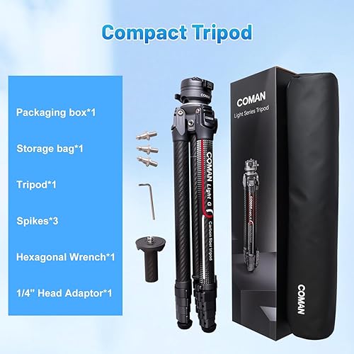 Miniatura 8 de COMAN - Trípode ligero para cámara de viaje, soporte compacto de fibra de carbono de 62.2 pulgadas, cabezal de bola de 360  desmontable con placa