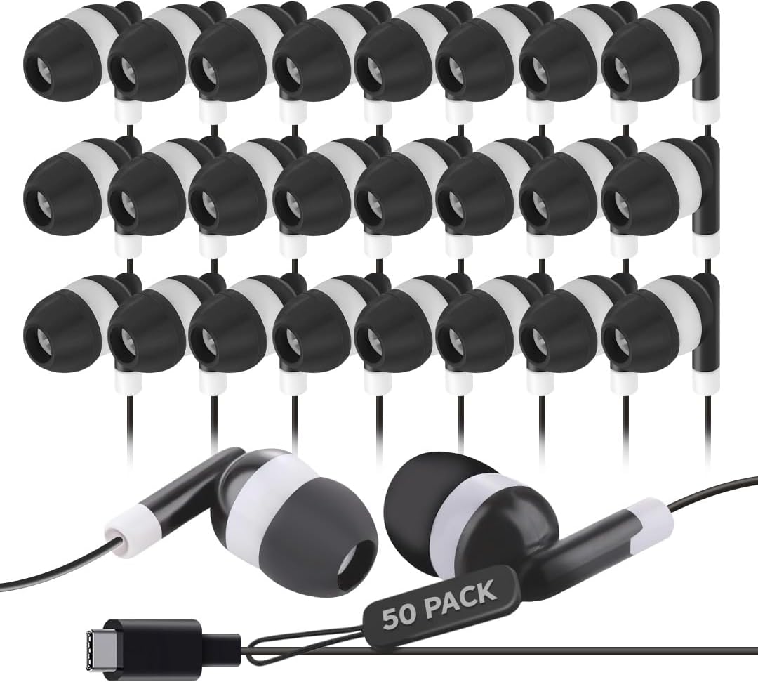 50 Pack - Bulk USB-C Earbuds Wired for iPhone 16/15 Pro Max, Type C Headphones for iPad Pro, Galaxy S23/S22/S21, Chromebook, MacBook, Pixel 7/6/5/4, Kindle Fire Max 11, Android, Laptop & Tablets