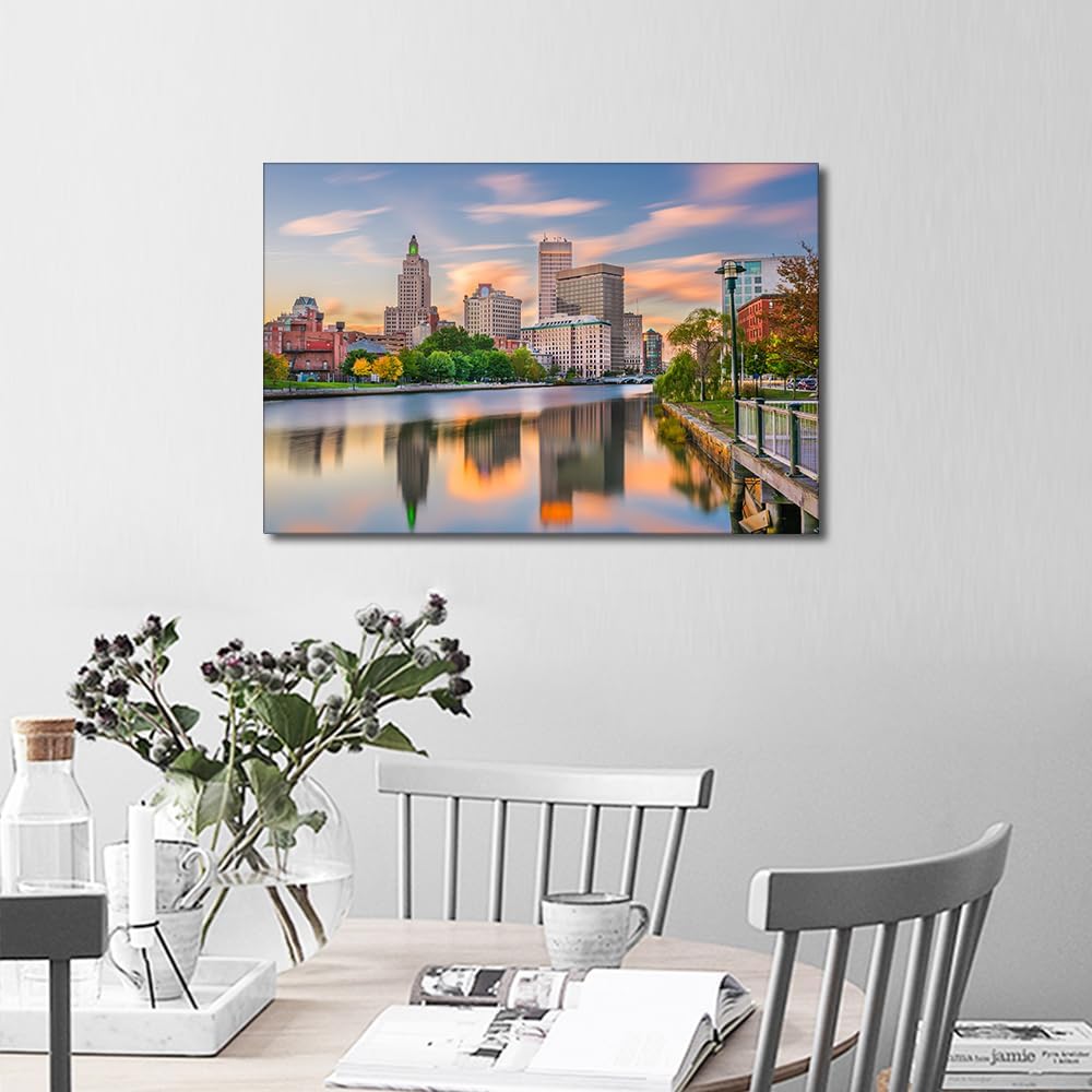TUMOVO Framed Wall Art Providence Skyline Wall Pictures for Living Room Downtown Cityscape Canvas Paintings House Decoration Bedroom Wall Decor Modern Artwork for Office Ready to Hang - 36x24in