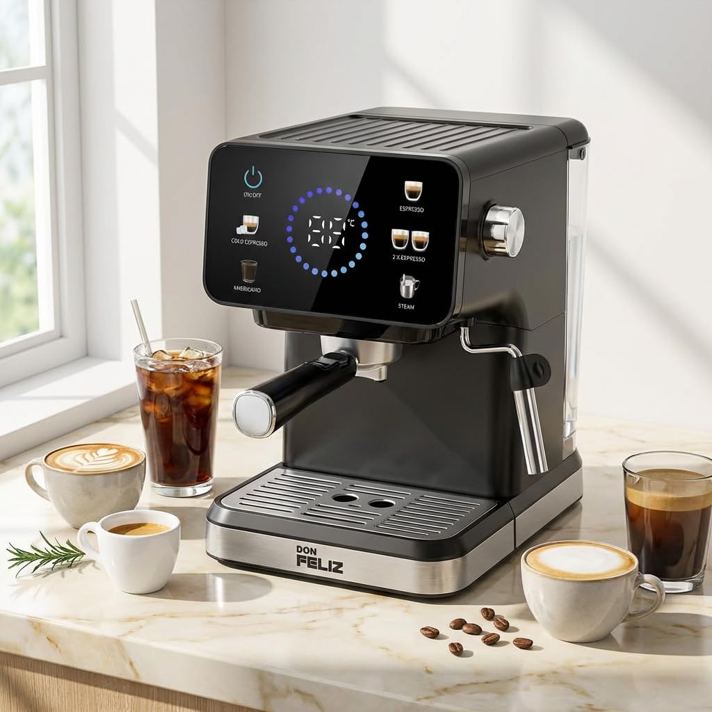 Don Feliz Máquina de café Digital, 20 Bar, 1350W, Cafetera Compatible con cápsulas Nespresso, Pantalla LCD, Vaporizador Acero Inoxidable, Depósito 1.5L