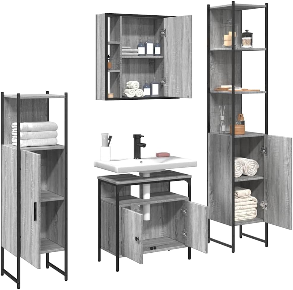 Homogen Bathroom Cabinet Set Grey Sonoma Engineered Wood with Powder-Coated Finish 11.8 x 23.6 x 23.6 inches wall-Mounted Mirror Cabinet for Bath Vanity Storage and Sink Organization