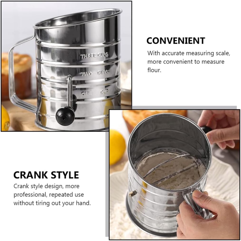 Stainless Steel Hand Crank Flour Sifter with Scale Baking Powdered Sugar Sieve