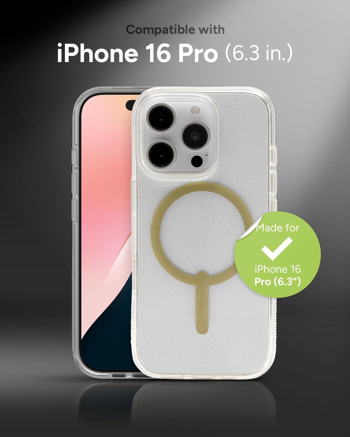 ZAGG Milan Snap Case for iPhone 16 Pro – Gold Glitter, MagSafe and Wireless Charging Compatible, 13ft Drop Protection, Recycled Materials, Slim & Stylish Design - Image 2