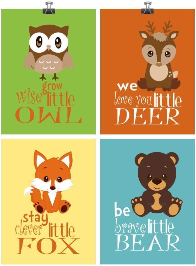 Woodland Nursery Art Print Set of 4 - Grow Wise Owl, We Love You Deer, Stay Clever Fox, Be Brave Bear - Multiple Sizes
