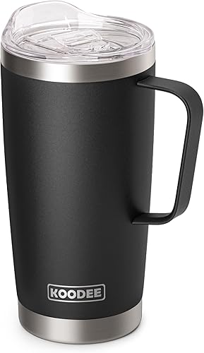 koodee Taza de café aislada de 20 onzas con tapa y asa, acero inoxidable de doble pared al vacío, taza de camping, vaso de café de viaje (negro)