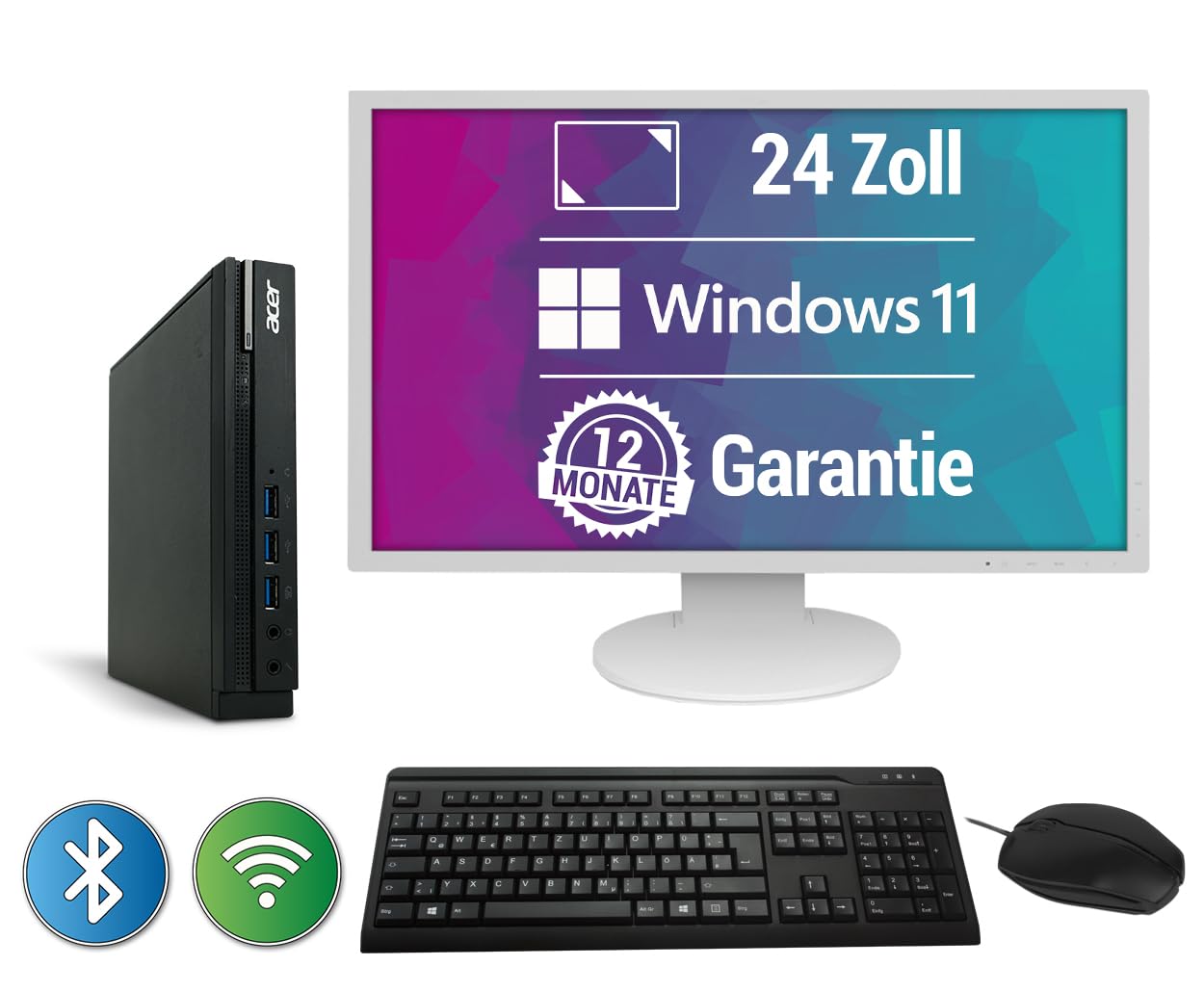 All-in-One Paket - 24-Zoll HD+ TFT, Core i5 Computer mit Monitor, Intel Core i5 Quad Core, bis 3,1 GHz, 8 GB DDR4, 256 GB M.2 SSD, WLAN & BT USB3, DisplayPort, Windows 11 (Generalüberholt)