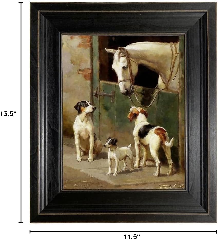 Schooner Bay Co.- Dog and Horse at Stable 8" x 10” Oil Painting Print on Canvas Rustic Distressed Black Frame Home Wall Art Décor Horse Farmhouse Ready To Hang