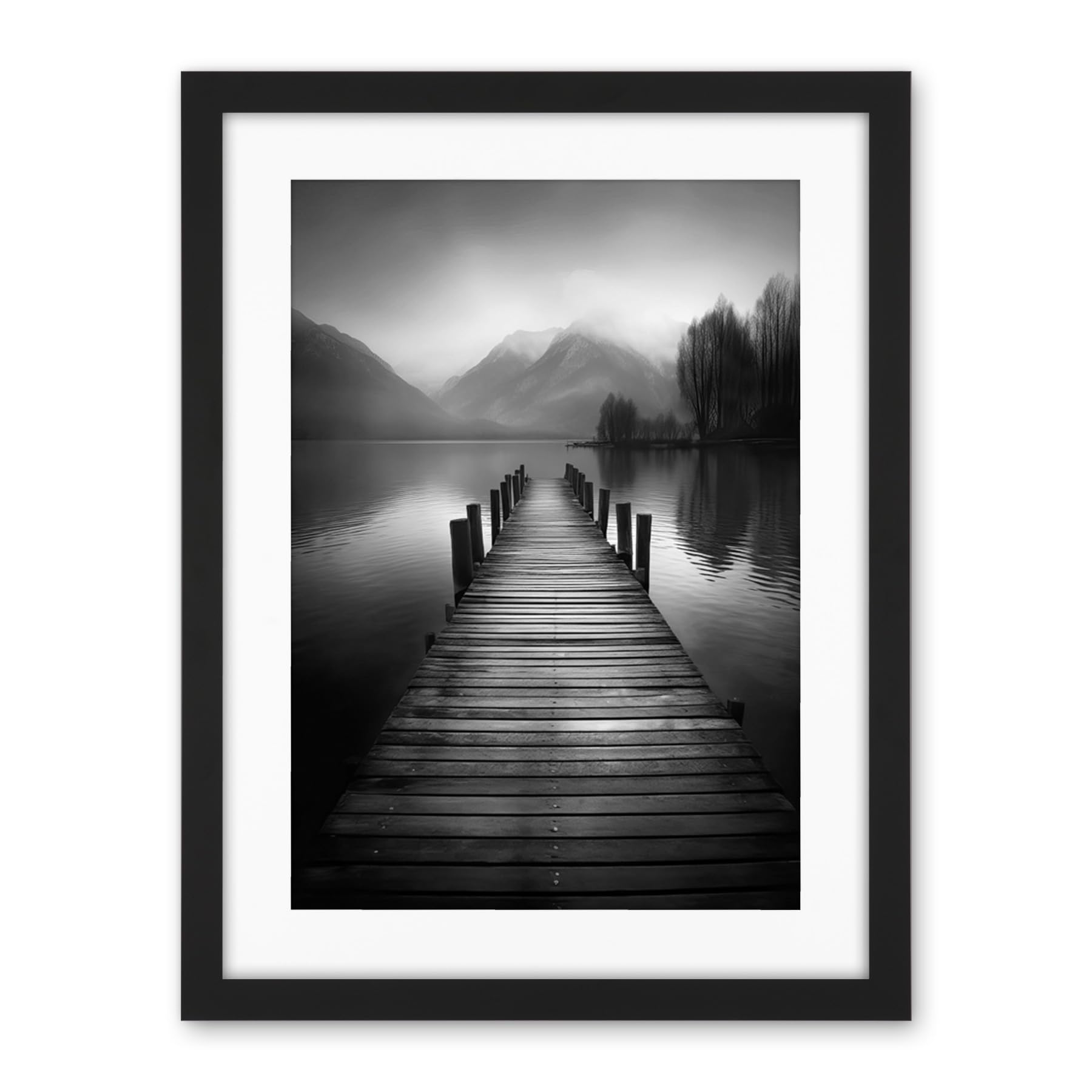 Artery8 Lake Pier Mountain Landscape Black and White Photo Artwork Framed Wall Art Print 18X24 Inch